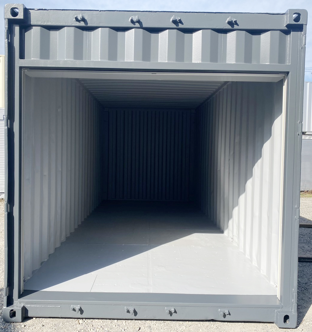 高耐久シリコン塗装を施したシャッター付き20ftコンテナ ダークグレー