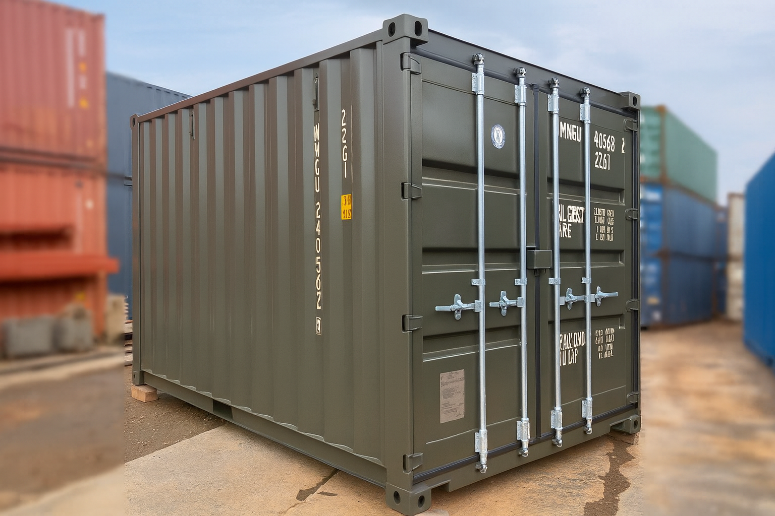 13ft 中古コンテナ（観音扉仕様・オリーブドラブ色）を受注生産で販売。外寸・仕様・設置条件・注意事項を写真付きでご案内。用途に応じたご相談可。