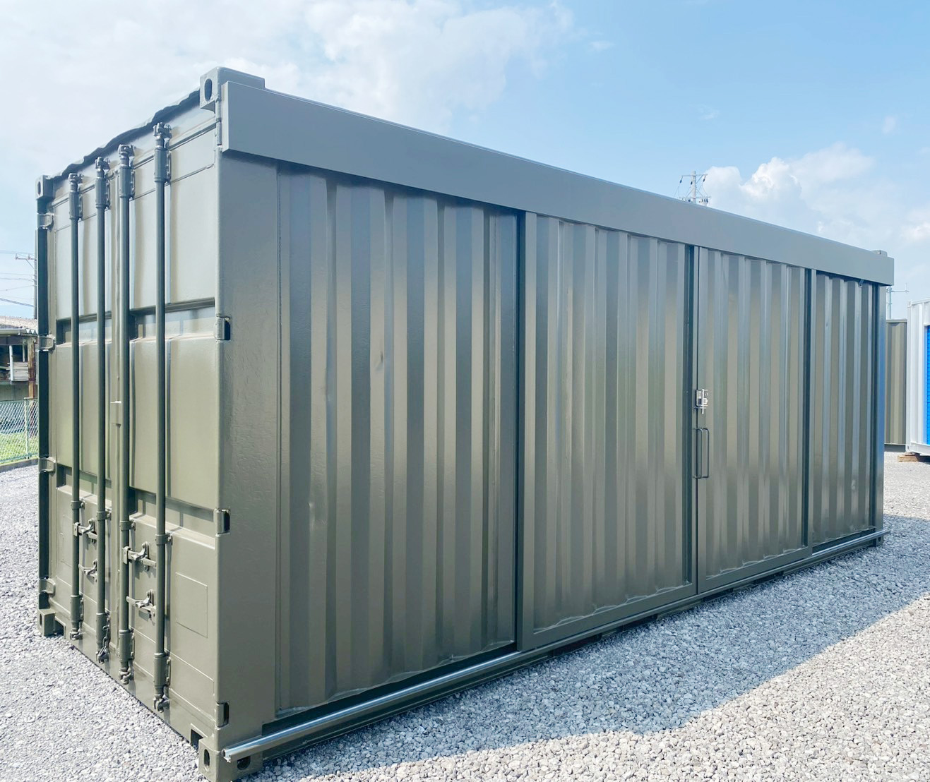 両開きスライディングドア付き20ftコンテナ（中古/オリーブドラブ）