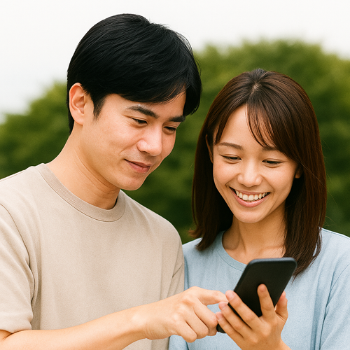 STEP1 お問い合わせ・空き状況確認 LINEでやり取りする男女