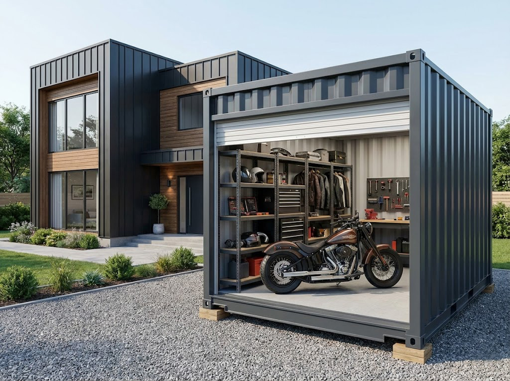シャッター付き12ftコンテナRe (中古/ダークグレー)|【ゆとりの広さ】汚れに強くかっこいい大容量バイクガレージ・倉庫