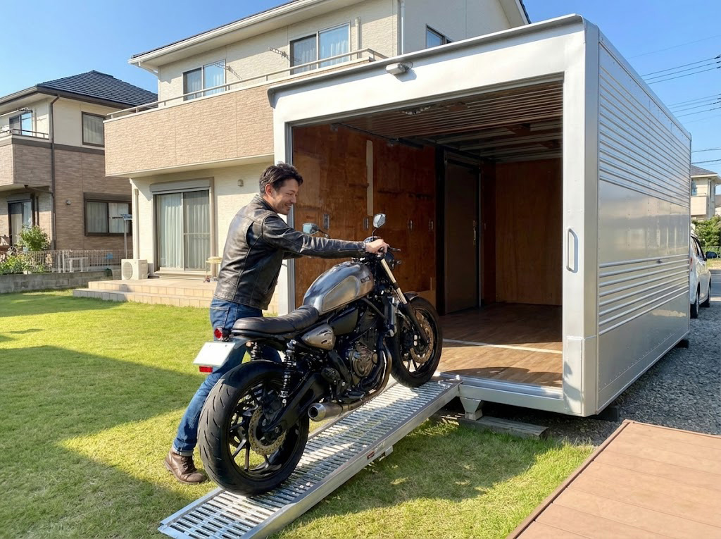 一軒家の庭に設置されたシャッター付きアルミコンテナのバイクガレージ。スロープを使ってバイクを収納する様子。